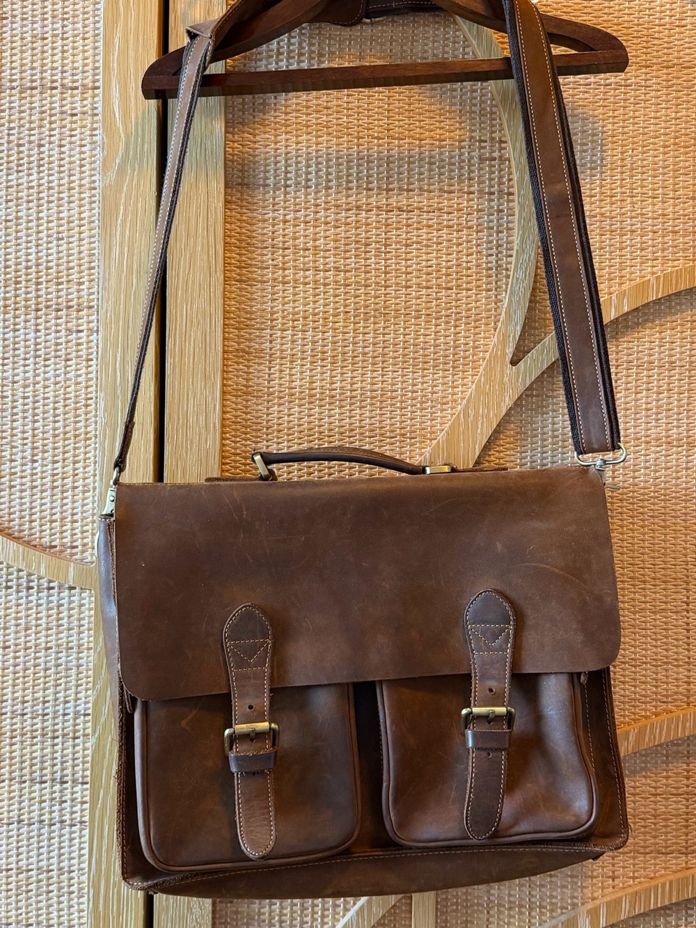 Brown Leather Messenger Bag with Dual Front Pockets